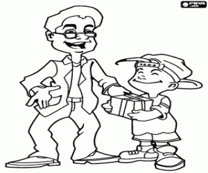 Dad receiving a gift from his son coloring page