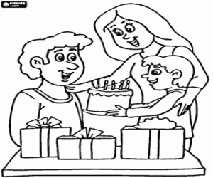 Dad with cake and gifts to celebrate with his son and his wife coloring page