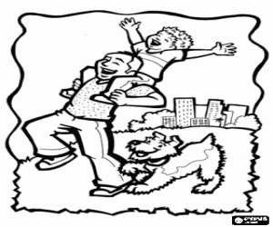 Dad with his son and the dog running happy in the park coloring page