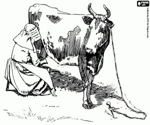 Dairy farmer milking a cow, sitting on a stool removing by hand the milk from the mammary glands coloring page