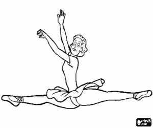 Dancer performing a jump with her legs wide open or split position coloring page