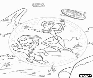 Dash and Violet, within a force field, escaping of the flying guardians of Syndrome