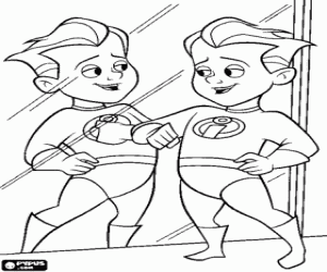 Dash looking at the mirror with his superhero costume coloring page