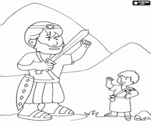 David facing the Philistine giant Goliath, only with his slingshot coloring page
