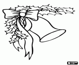 Decoration with Christmas bell, holly leaves and ribbon with a big bow coloring page