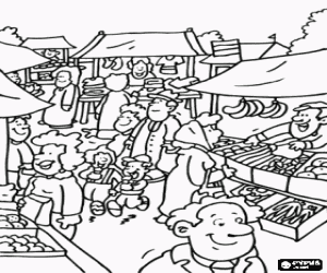 Dependents on the market stalls outdoor serving the customers coloring page