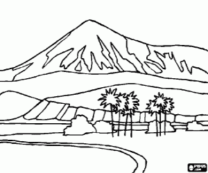Desert landscape, an oasis with a mountain to the bottom coloring page
