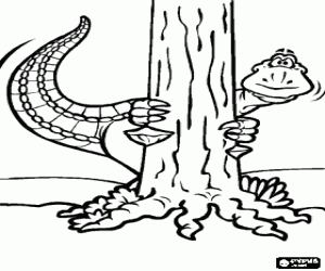 Dinosaur hiding behind a tree coloring page