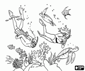 Divers practicing free diving on the seabed coloring page