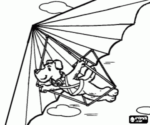 Dog flying a hang glider or delta plane, the pilot is suspended by harnesses from the device without motor coloring page