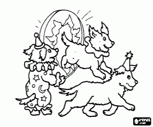 Dogs doing their circus performance by jumping through a hoop coloring page