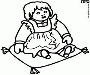 Doll with dress and bow in the hair seated in a cushion coloring page