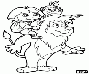 Dora and Boots the monkey over the shoulders of the lion coloring page