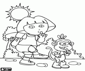 Dora and Boots walking stealthily through the forest coloring page