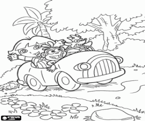 Dora and her friends in a small car through the jungle coloring page