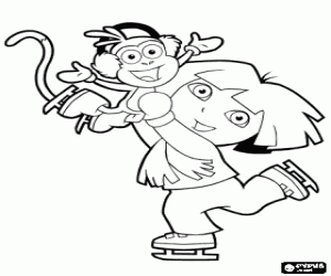 Dora ice skating with her friend Boots the Monkey coloring page