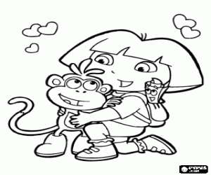 Dora Marquez the Explorer, with her best friends: Boots the Monkey, Backpack and Map coloring page