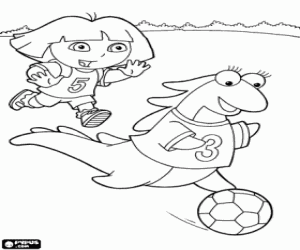 Dora playing soccer with her friend Isa the iguana coloring page