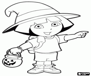 Dora the Explorer at the Halloween evening with a pumpkin and a witch