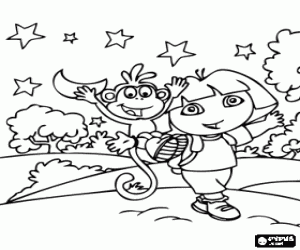 Dora, the explorer girl, next to the monkey Boots exploring the woods at night coloring page