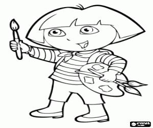 Dora the Explorer with the brush and colours palette coloring page