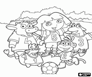 Dora with the soccer team formed by her friends coloring page