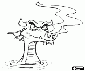 Dragon head with horns coming out of the water and smoking through the nose coloring page