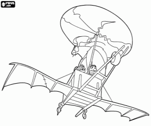 Dragon Hunters in their flying machine with the pilot Gwizdo coloring page