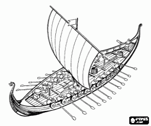 Drakkar or viking ship with all the rowers in action and the swollen sail with the wind coloring page
