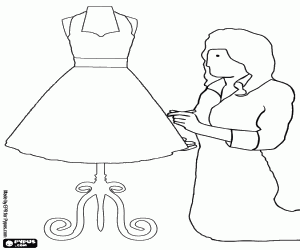 Dressmaker or seamstress working on a dress with the mannequin coloring page