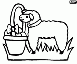 Easter Lamb with a basket full of eggs coloring page