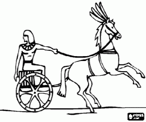 Egyptian warrior, the pharaoh or a nobleman with his horse and his war chariot coloring page