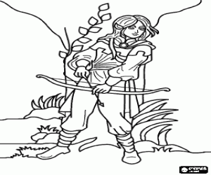 Elf hunter armed with bow and arrow ready to shoot coloring page