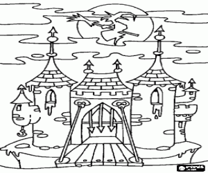 Enchanted castle on Halloween night with the witch flying on her magic broom coloring page
