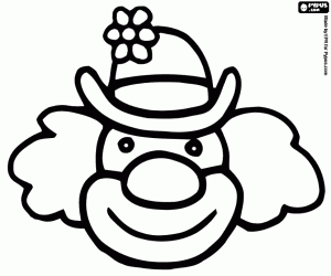 Face of clown with wig, hat with a flower and greats nose and mouth  coloring page