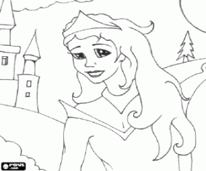 Face of the princess with a tiara next to the castle coloring page
