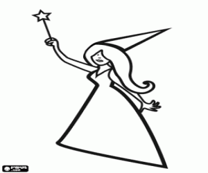 Fairy with a cone-shaped hat and magic wand coloring page