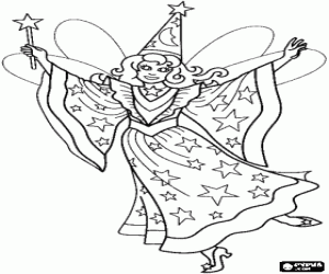Fairy with a dress and a hat full of stars with the magic wand in her hand coloring page