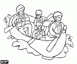 Family, father, mother, son and daughter, sailing and rowing in a canoe equipped with helmets and life jackets coloring page