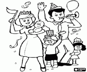 Family in full celebration, parents, a boy, a girl and a baby coloring page