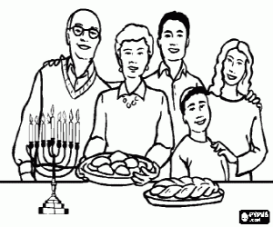 Family in the celebration of Hanukkak or Chanukah with the nine-branched candelabrum hanukiah and typical foods of the feast, levivot and sufgainot coloring page