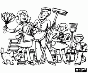 Family ready to clean their home, parents, children and the dog coloring page