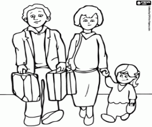 Family trip, mom and dad loading luggage coloring page