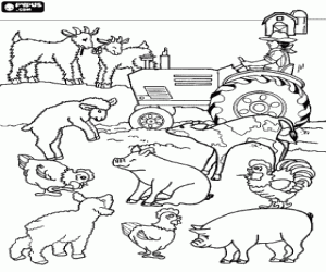 Farmer on his tractor surrounded by their farm animals coloring page
