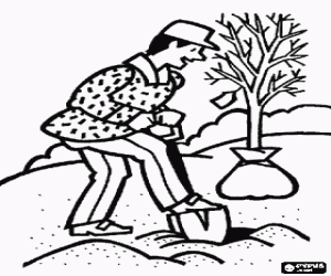 Farmer or gardener planting a tree coloring page