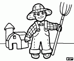 Farmer with pitchfork in hand and the farm at the background coloring page