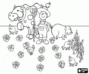Farmer with pitchfork in hand in the garden with chickens, pig and cow coloring page