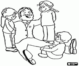 Father or dad sitting on the floor with their children coloring page