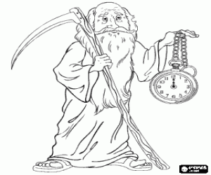 Father Time as a personification of the old year, an elderly bearded man dressing a robe, carrying a scythe and a pocketwatch coloring page