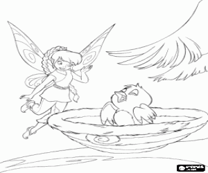 Fawn, the animal fairy watching a little bird in its nest coloring page
